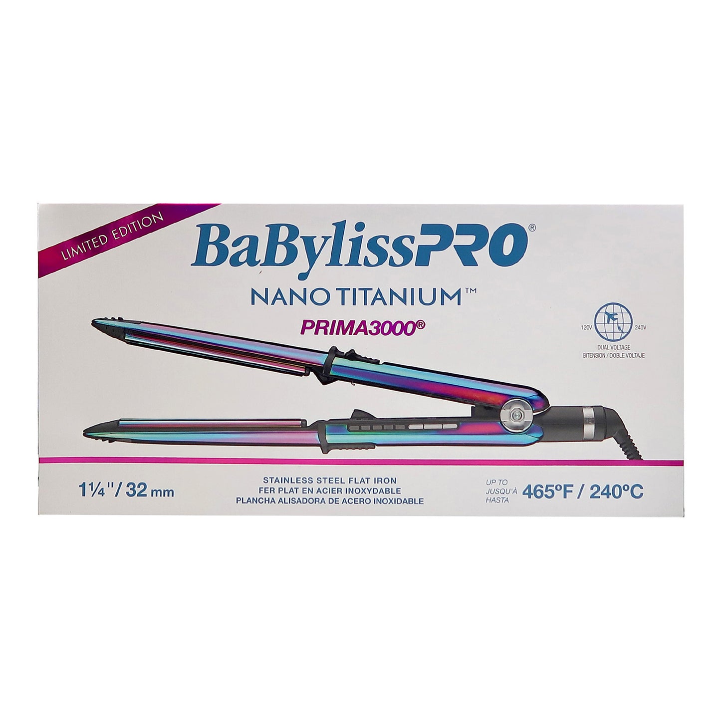 BaByliss Pro LIMITED EDITION Nano Titanium Prima 3000 Stainless Steel Flat Iron Iridescent - 1¼" #BNTRB3000TUC (Dual Voltage)