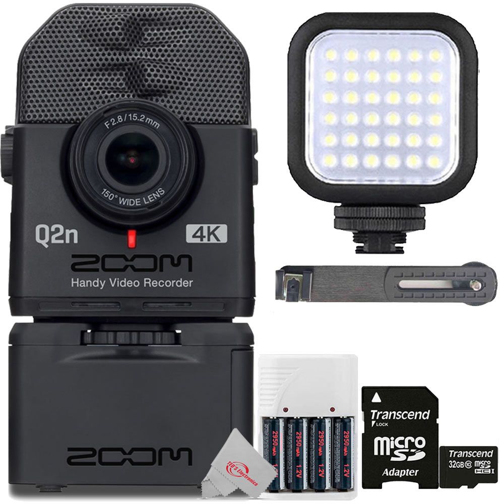 Zoom Q2n-4K Ultra High Definition Handy Video Recorder + ZOOM BCQ-2N Battery Case + Digital Compact LED Video Light + 32GB MicroSD Card + Rechargeable Battery&Charger