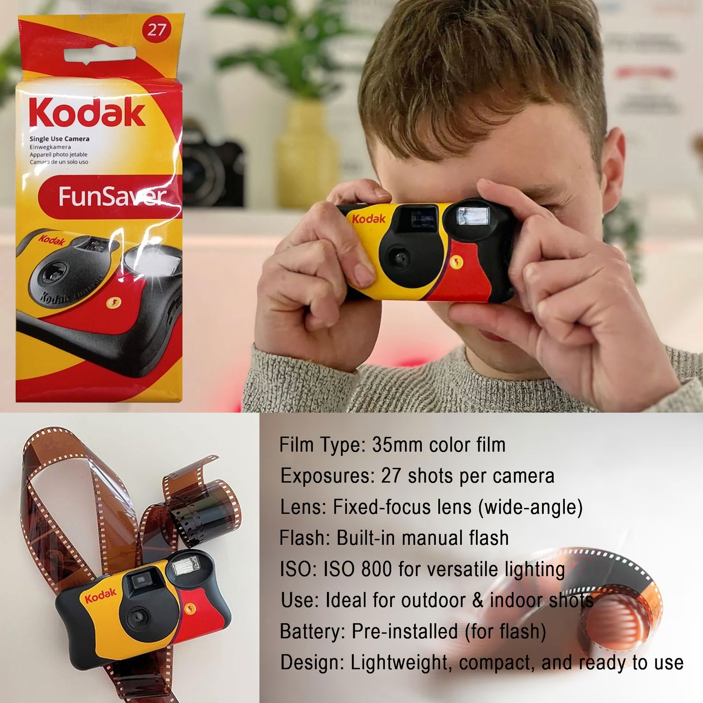 6-Pack Kodak 35mm One-Time-Use Disposable Camera (ISO 800) with Flash - 27 Exposure