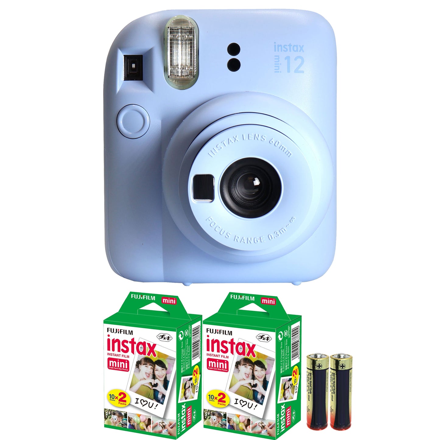 FUJIFILM INSTAX MINI 12 Instant Film Camera (Pastel Blue) + 2x Fujifilm 2x10 Film Mini Instax Film Pack + Panasonic Alkaline 2 "AA" Batteries