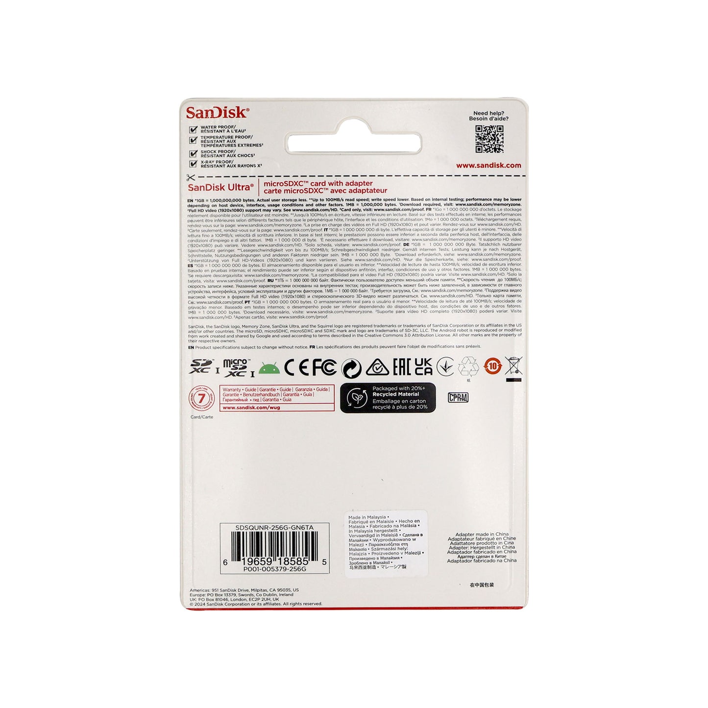 Sandisk Ultra 256GB 100MB/s Class 10 Micro SDXC Memory Card Full HD Video with SD Adapter