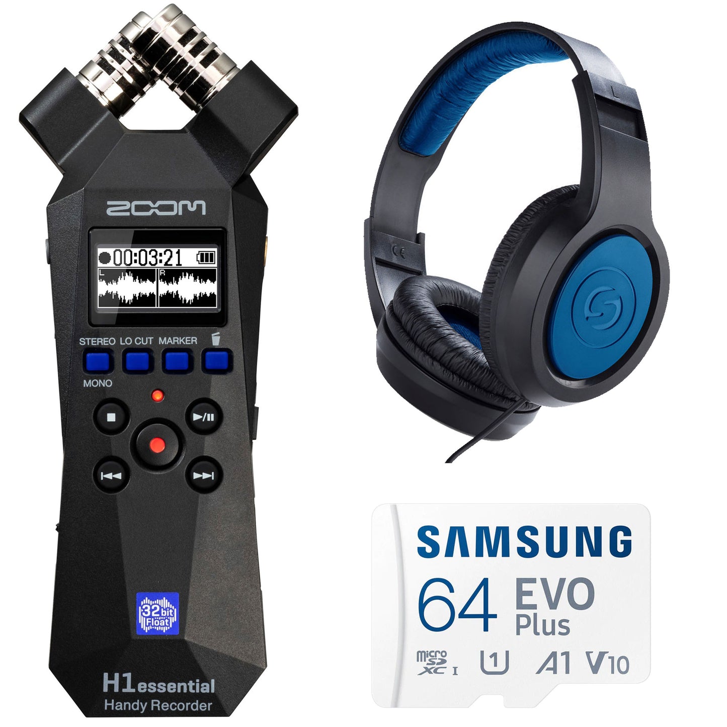 Zoom H1essential 2-Track 32-Bit Float Portable Audio Recorder with Samson SR350 Over-Ear Stereo Headphones and Samsung 64GB microSDXC Card with SD Adapter
