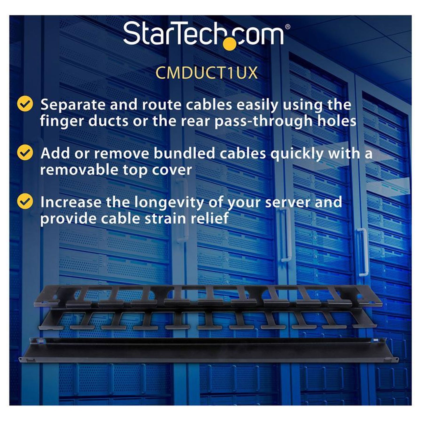 StarTech.com 1U Horizontal Finger Duct Rack Cable Management Panel with Cover
