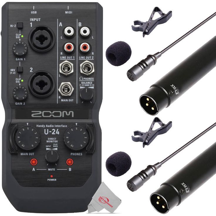 Zoom U-24 Portable 2x4 USB Handy Audio / MIDI Interface + Two Vidpro Professional Wired XLR Lavalier Microphone XM-L1