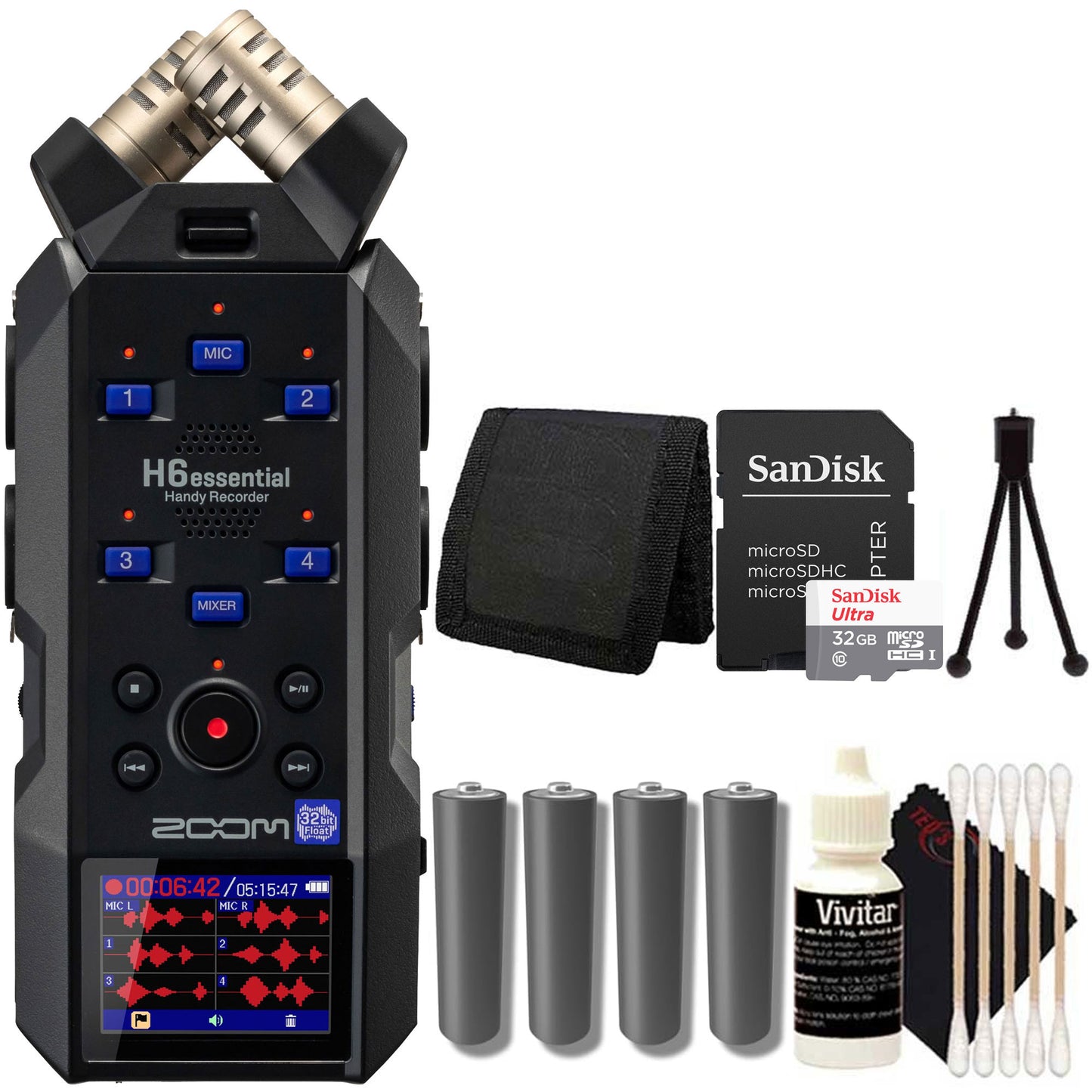 Zoom H6essential 6-Track 32-Bit Float Portable Audio Recorder + SanDisk 32GB Ultra UHS-I microSDHC Memory Card with SD Adapter + Memory Card Wallet + 5pc Cleaning Kit