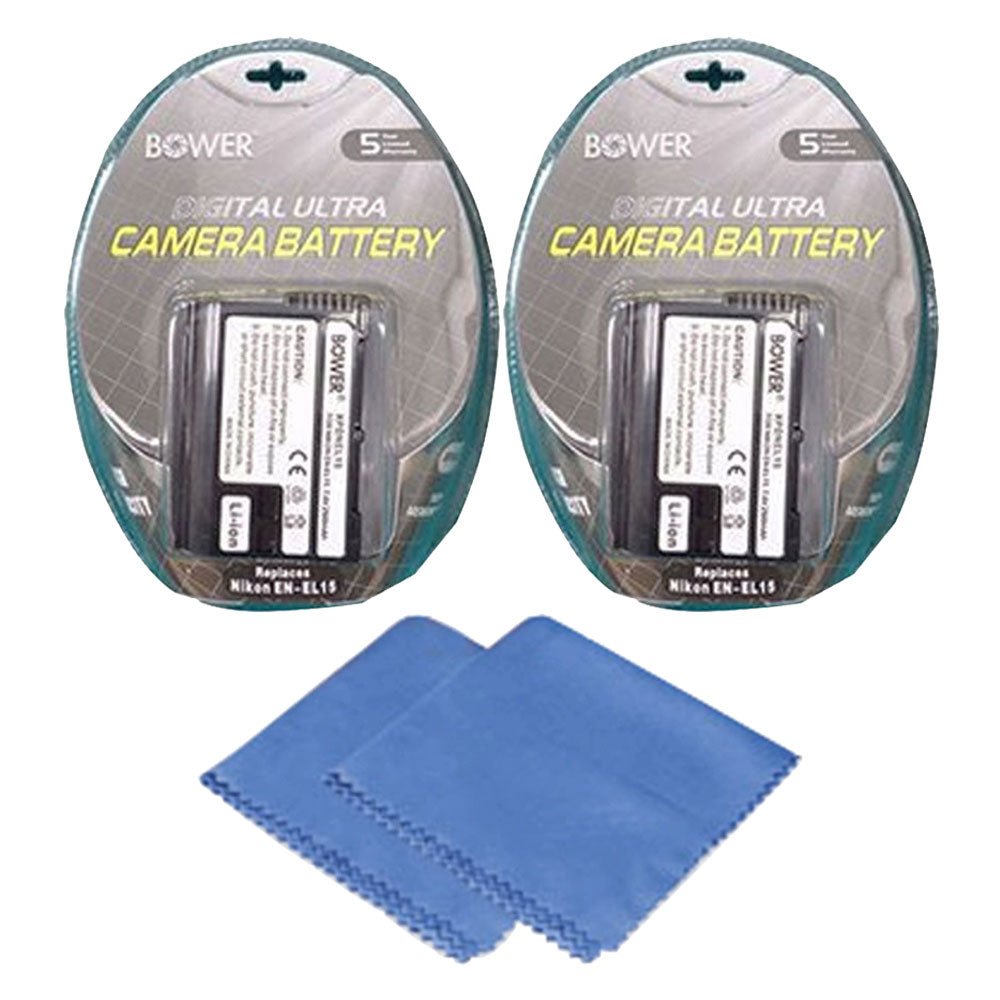 2 Bower EN-EL15 Replacement Batteries with Cleaning Cloth for Nikon Digital SLR Cameras