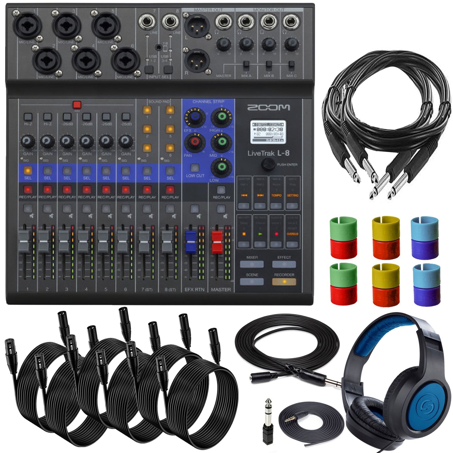 Zoom LiveTrak L-8 Portable Podcast Digital Mixer Multitrack Recorder with Samson SR350 Over-Ear Stereo Headphones and XLR Cables Accessory Bundle