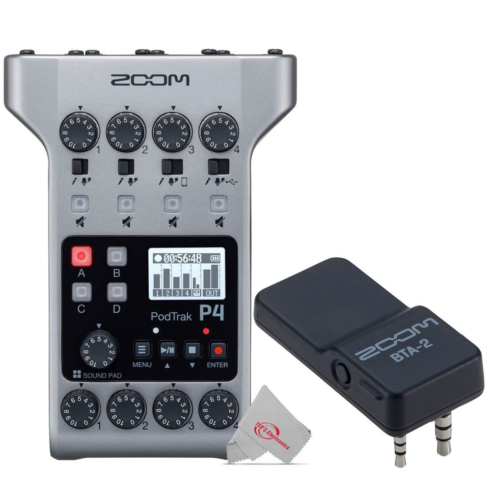 Zoom PodTrak P4 Portable Multitrack Podcast Recorder + ZOOM BTA-2 Bluetooth Adapter Audio For PodTrak Series