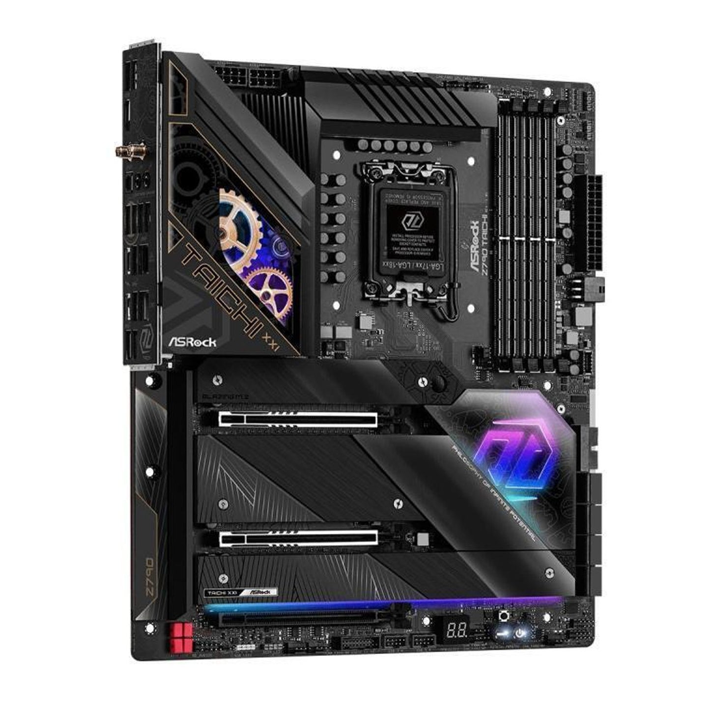 ASRock Z790 TAICHI Intel LGA1700 EATX Mainboard , 4 slots DDR5, 2 PCIE 5.0 x16, 5 M.2 slots, 2.5Gb Lan,WIFI 6E, HDMI 2.1 port, 5.1 audio ALC4082, 2 USB4 Thunderbolt Type-C 24+1+2 Power Phase, 2oz Copper PCB, EZ update.
