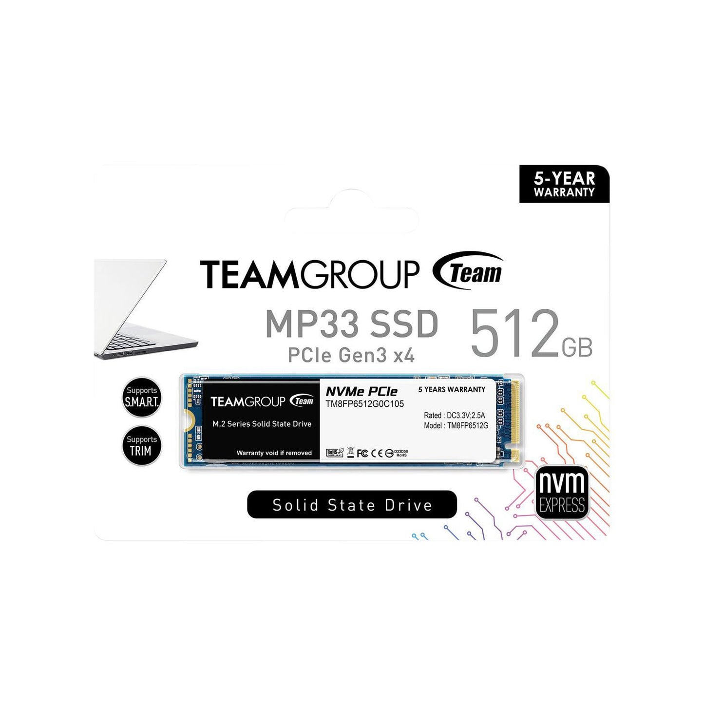 Team Group MP33 M.2 2280 512GB PCIe 3.0 x4 with NVMe 1.3 3D NAND Internal Solid State Drive (SSD) TM8FP6512G0C101