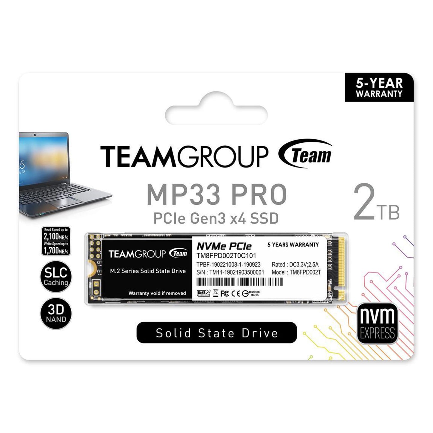 Team Group MP33 PRO M.2 2280 2TB PCIe 3.0 x4 with NVMe 1.3 3D NAND Internal Solid State Drive (SSD) TM8FPD002T0C101