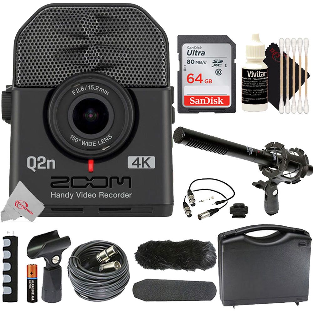 Zoom Q2n-4K Ultra High Definition Handy Video Recorder + VidPro 1" Pro Shotgun Microphone Kit w/ Case and Accessories + 64GB Memory Card + 3pc Cleaning Kit