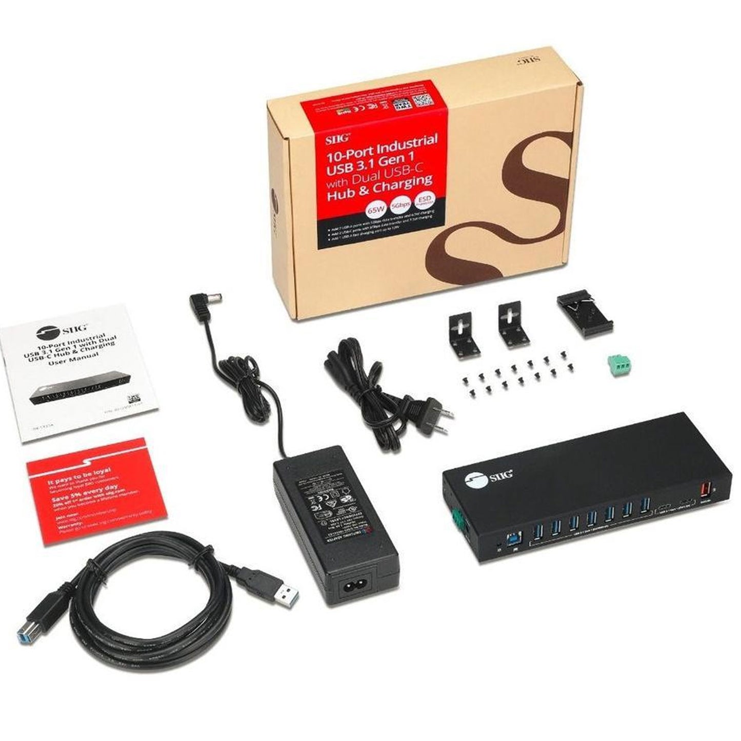 SIIG AC IDUS0811S1 10PT Industrial USB Gen 1 Hub w Dual USBC 65W Charging