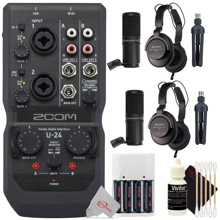 Zoom U-24 Portable 2x4 USB Handy Audio / MIDI Interface + Two Zoom ZDM-1 Podcast Mic Pack Accessory Bundle + Battery & Charger + Cleaning kit