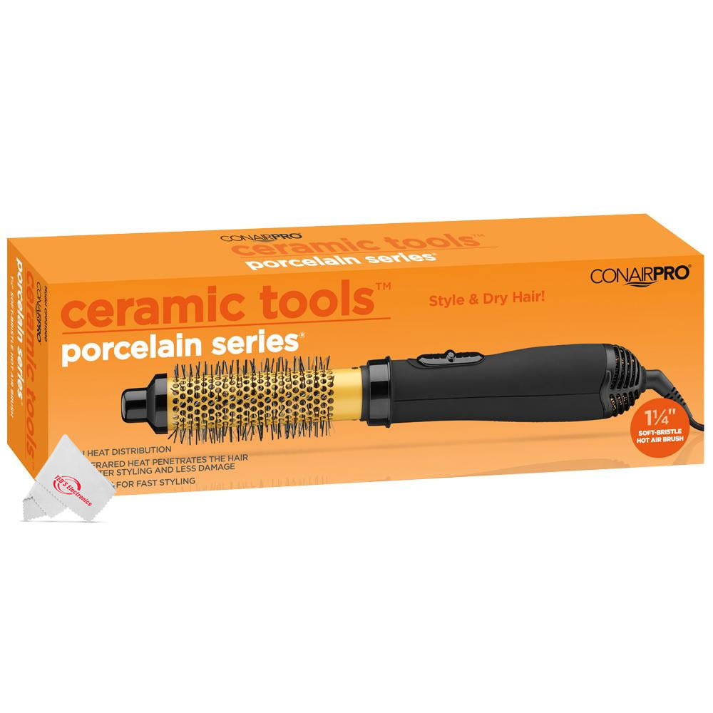 Conair Pro Ceramic Tools Porcelain Series 1.25" Soft-Bristle Hot Air Brush with Conair Pro Black Bird Hair Dryer BB075W and Conair Pro Round Brush 2½"