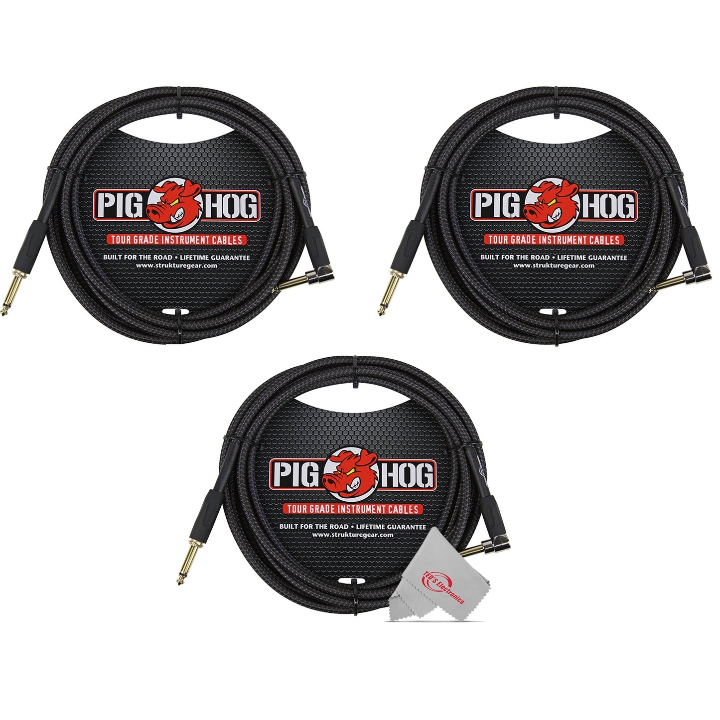 Pig Hog Black Woven Tour Grade Instrument Cable 1/4" to 1/4" Right Angle 10ft , PCH10BKR - 3 Units