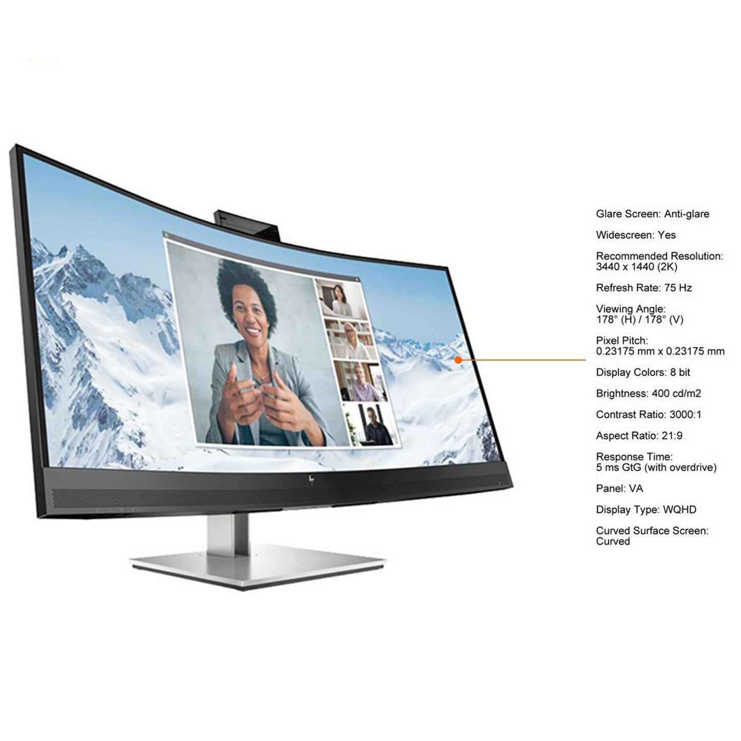 HP 34" 75 Hz VA WQHD USB-C Conferencing Monitor 5 ms GtG (with overdrive) 3440 x 1440 (2K) Built-in Speakers Curved E Series E34m G4