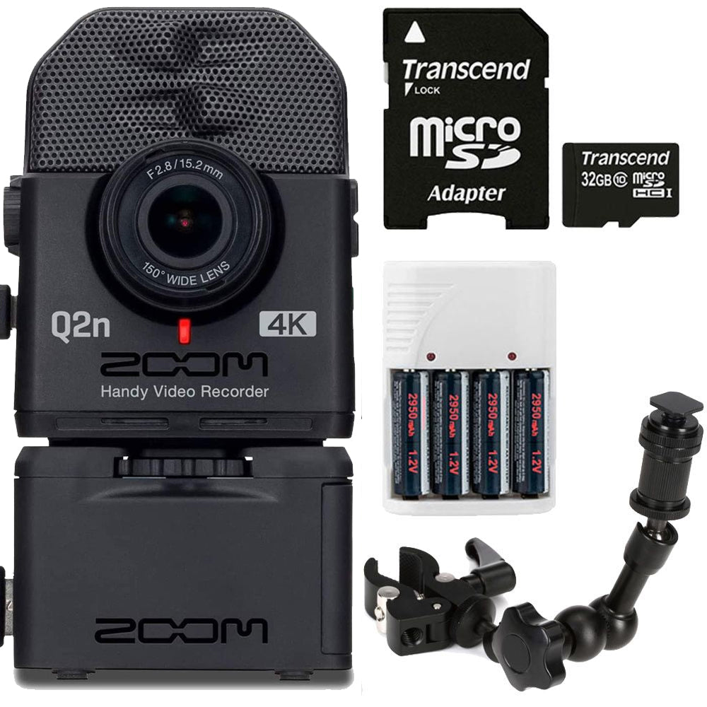 Zoom Q2n-4K Ultra High Definition Handy Video Recorder + ZOOM BCQ-2N Battery Case For Q2n/Q2n-4K Handy Video Recorders + ZOOM HRM-7 Handy Recorder Mount - 7 Inch + Rechargeable Battery & Charger + 32GB MicroSD Card