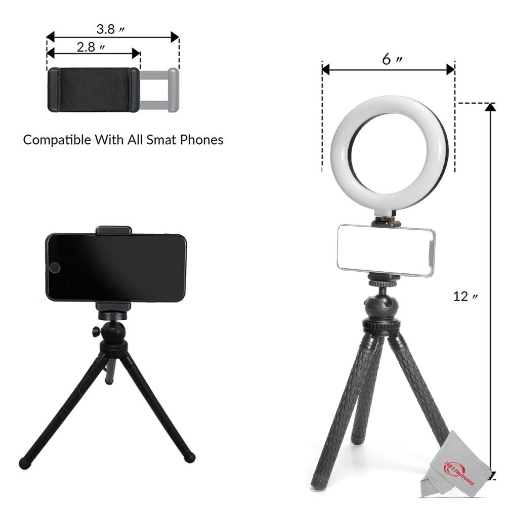 Vivitar Vlog Podcast Essentials 6 Inch LED Ring Light Dimmable Lamp for Iphone Smartphone with 12 Inch Stand