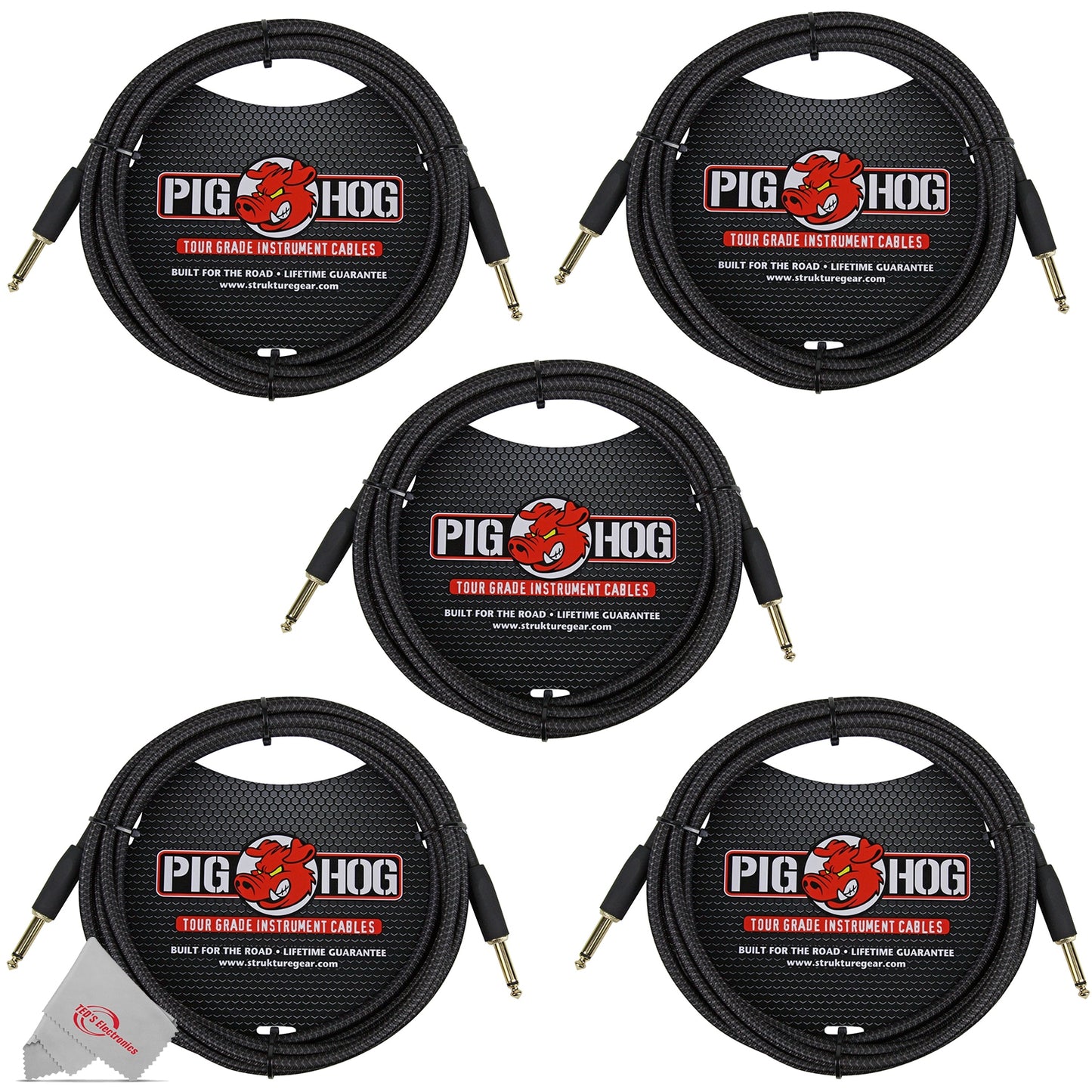 Pig Hog Black Woven Tour Grade Instrument Cable 1/4" to 1/4" Straight 10ft , PCH10BK - 5 Units