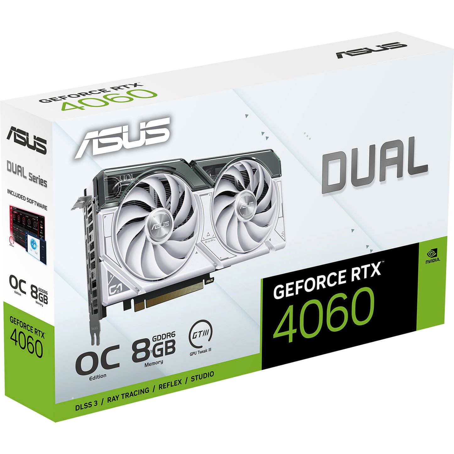 ASUS Dual GeForce RTX 4060 OC White Edition 8GB GDDR6 (PCIe 4.0, 8GB GDDR6, DLSS 3, HDMI 2.1a, DisplayPort 1.4a, 2.5-slot design, Axial-tech fan design, 0dB technology) DUAL-RTX4060-O8G-WHITE