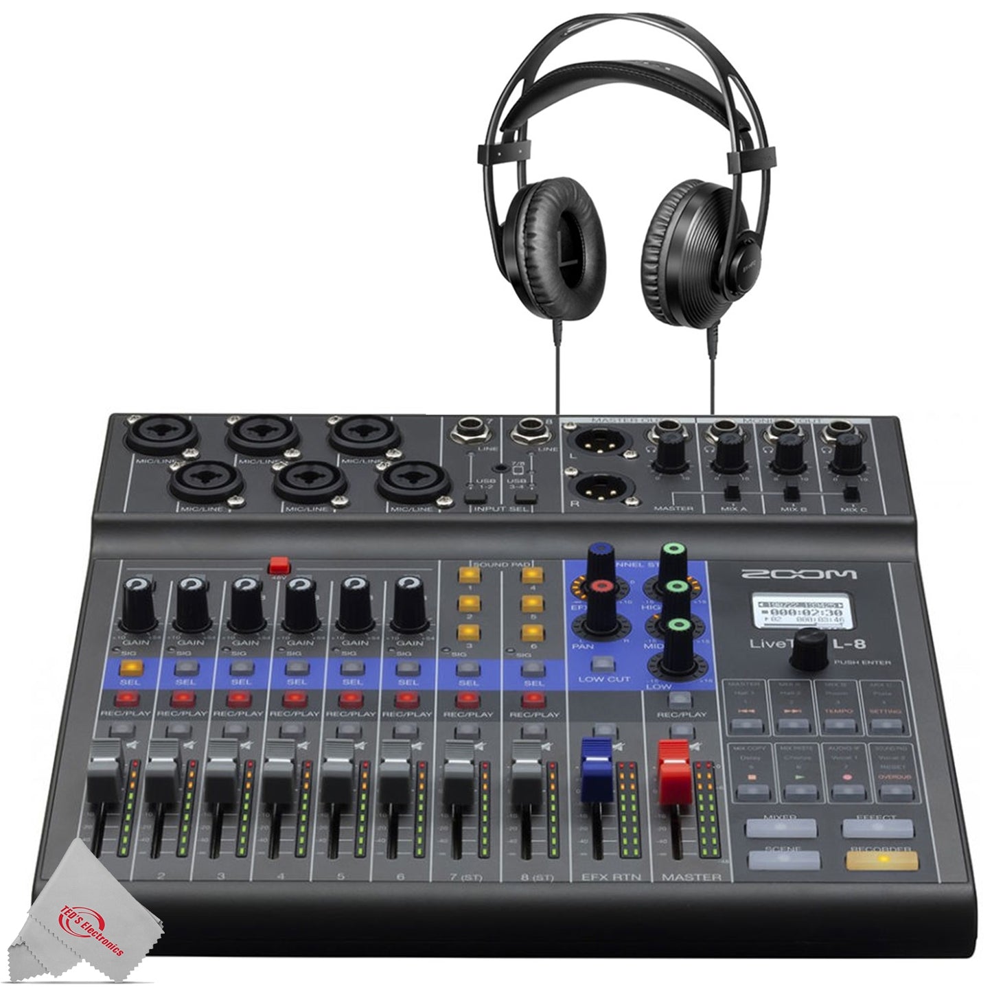 Zoom LiveTrak L-8 Portable Podcast 8-Track Digital Mixer Multitrack Recorder + Professional Hifi Monitor Headphone