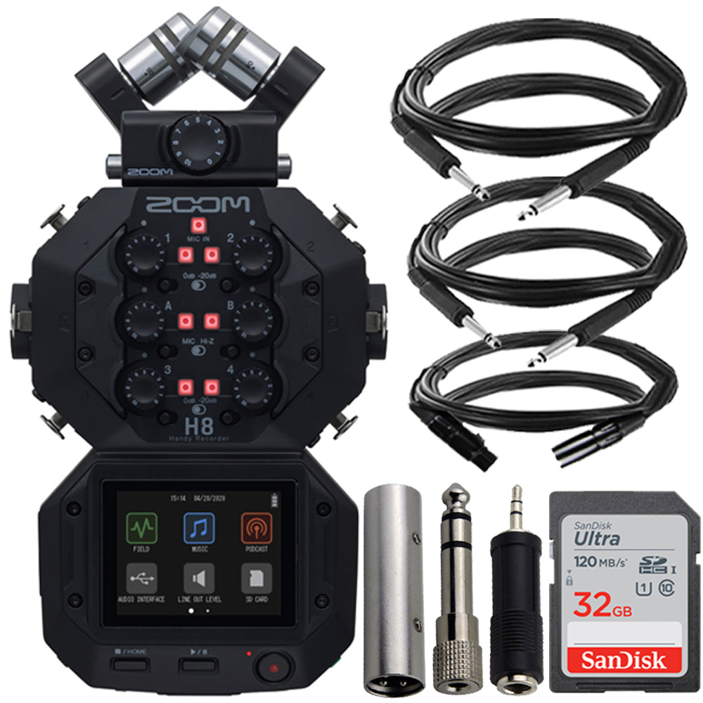 Zoom H8 8-Input / 12-Track Digital Handy Audio Recorder + Cables & Adapters