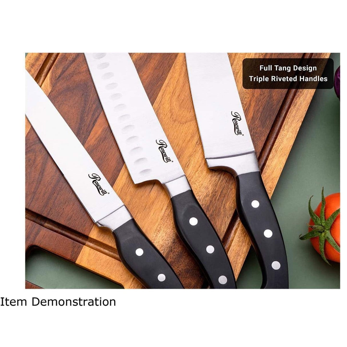 Rosewill 18-Piece Stainless Steel Professional Cutlery Kitchen Knife Set with Shears, Triple Riveted Handles, Full Tang Design, Wood Block, Built-in Sharpener (RHKS-20001)