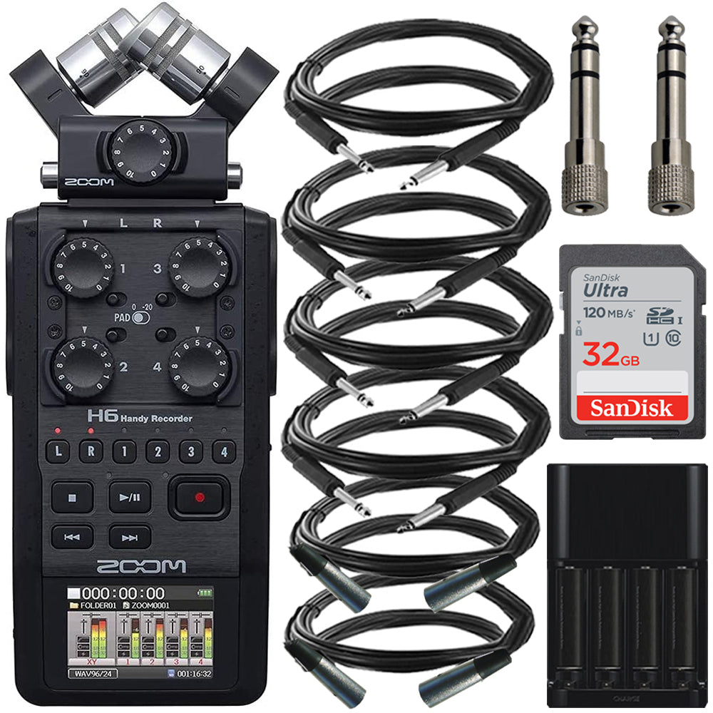 Zoom H6 All Black Handy Recorder + Cables & Adapters Bundle