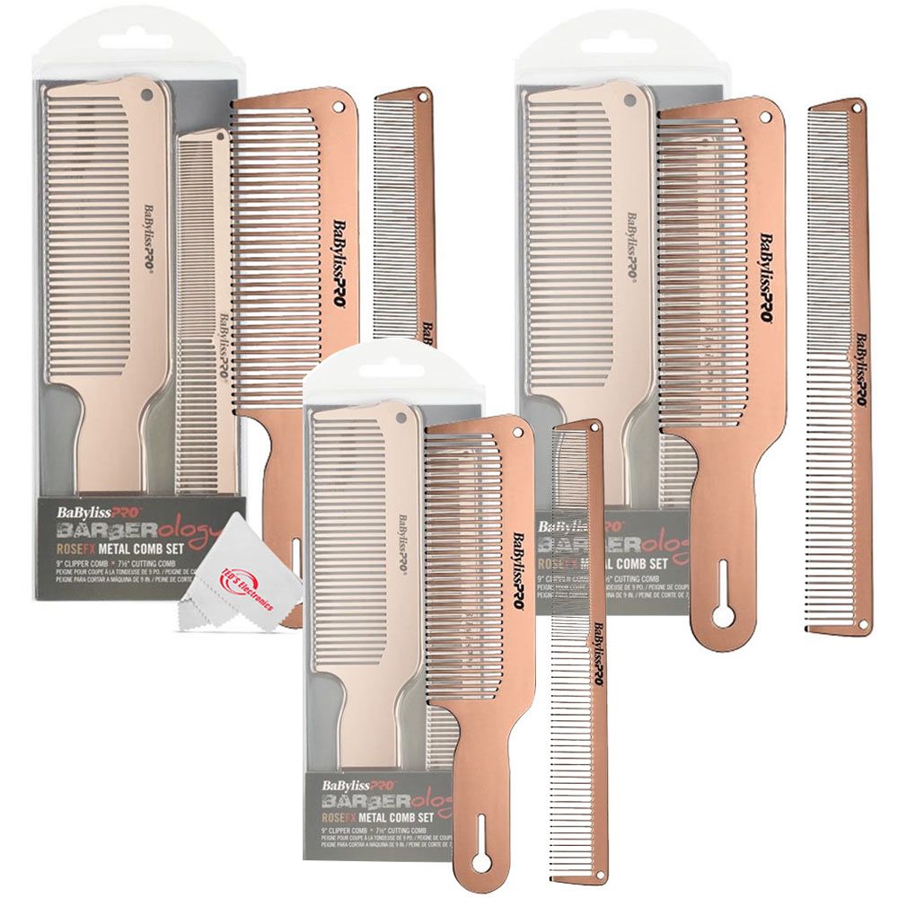 Three Packs BaByliss Pro Barberology RoseFX Metal Comb Set 9" Clipper Comb and 7.5" Cutting Comb Rose Gold