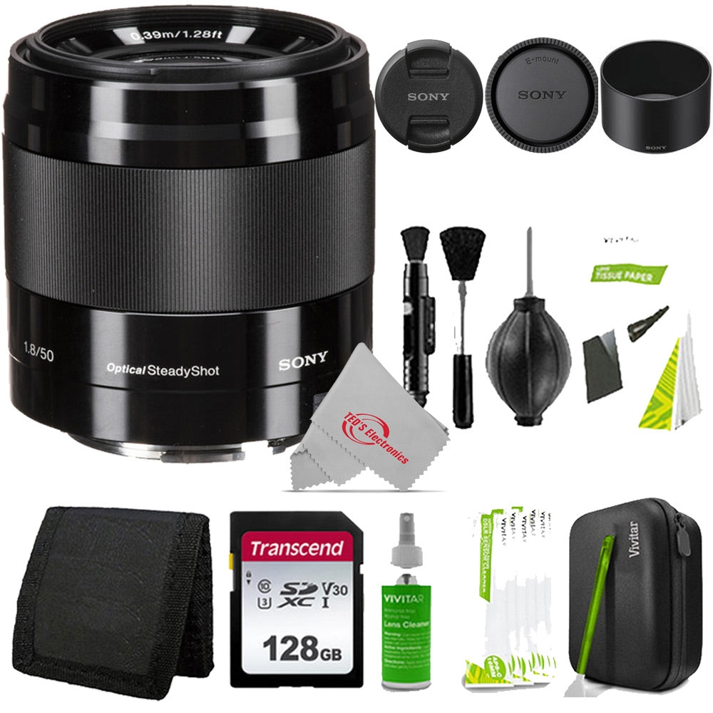 Sony E 50mm f/1.8 OSS Optical SteadyShot Image Stabilization Lens - Black with 128GB Accessory Kit