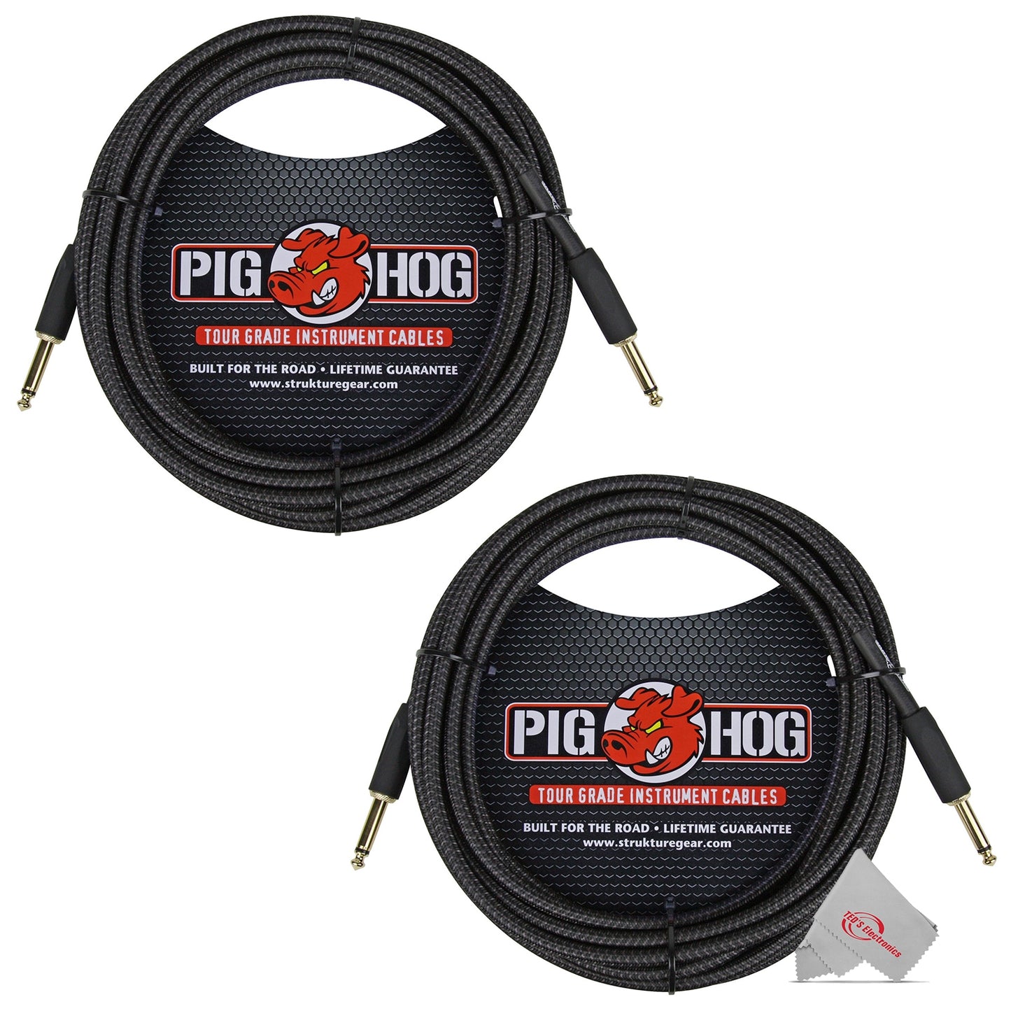 Pig Hog Black Woven Tour Grade Instrument Cable 1/4" to 1/4" Straight 20ft PCH20BK - 2 Units