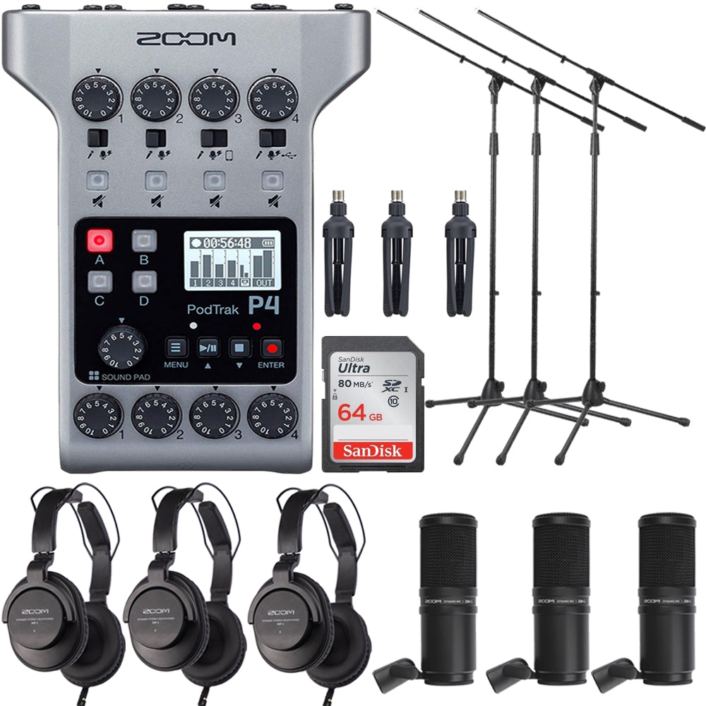 Zoom PodTrak P4 Portable Multitrack Podcast Recorder + 64GB Memory Card + 3x Zoom ZDM-1 Podcast Mic Pack Accessory Bundle With Microphone, Headphones, Tripod, Windscreen & Cable + 3x Microphone Boom Stand, SPRM1