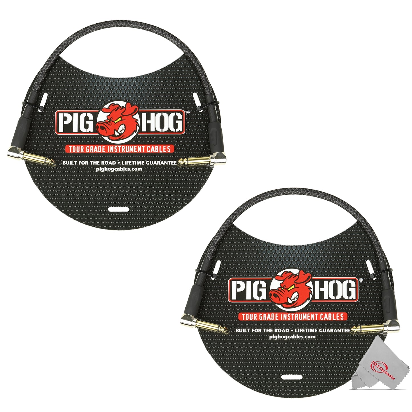 Pig Hog Black Woven Tour Grade Patch Cable 1/4" to 1/4" Right Angle 1ft , PCH1BKR - 2 Units