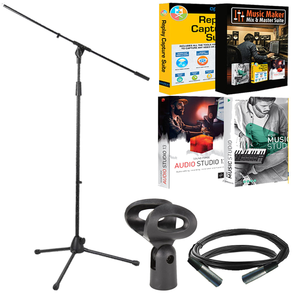 Pig Hog PHMCST Standard Microphone Clip + Microphone Boom Stand Bundle