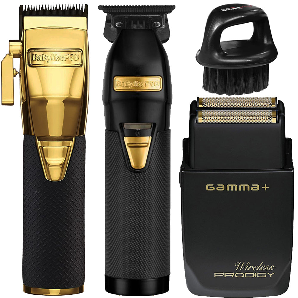 BaByliss PRO GoldFX Boost+ Gold Adjustable Blade Cordless Clipper (FX870GBP) + Skeleton Exposed T-Blade Outlining Cordless Trimmer + GAMMA+ Wireless Hypo-Allergenic Foil Shaver