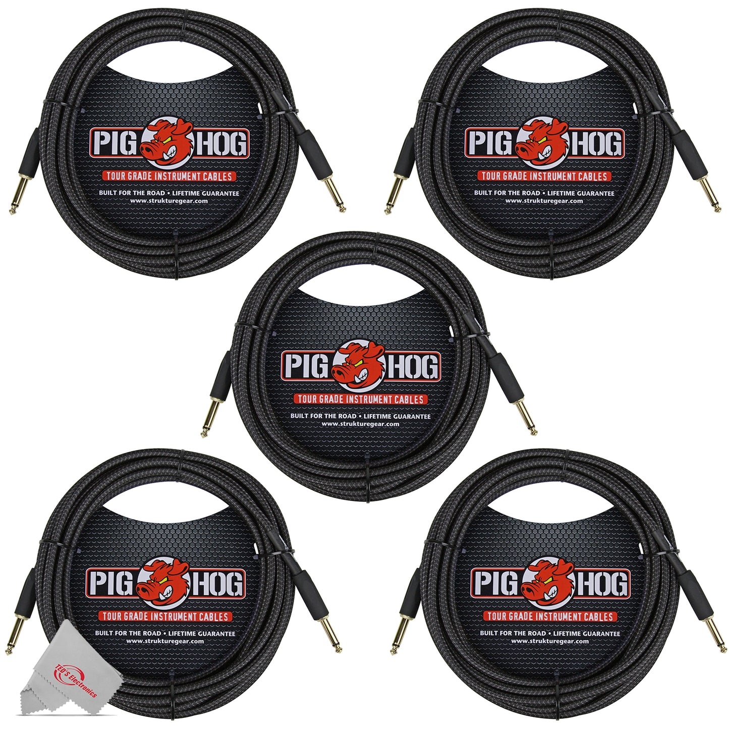 Pig Hog Black Woven Tour Grade Instrument Cable 1/4" to 1/4" Straight 20ft PCH20BK - 5 Units