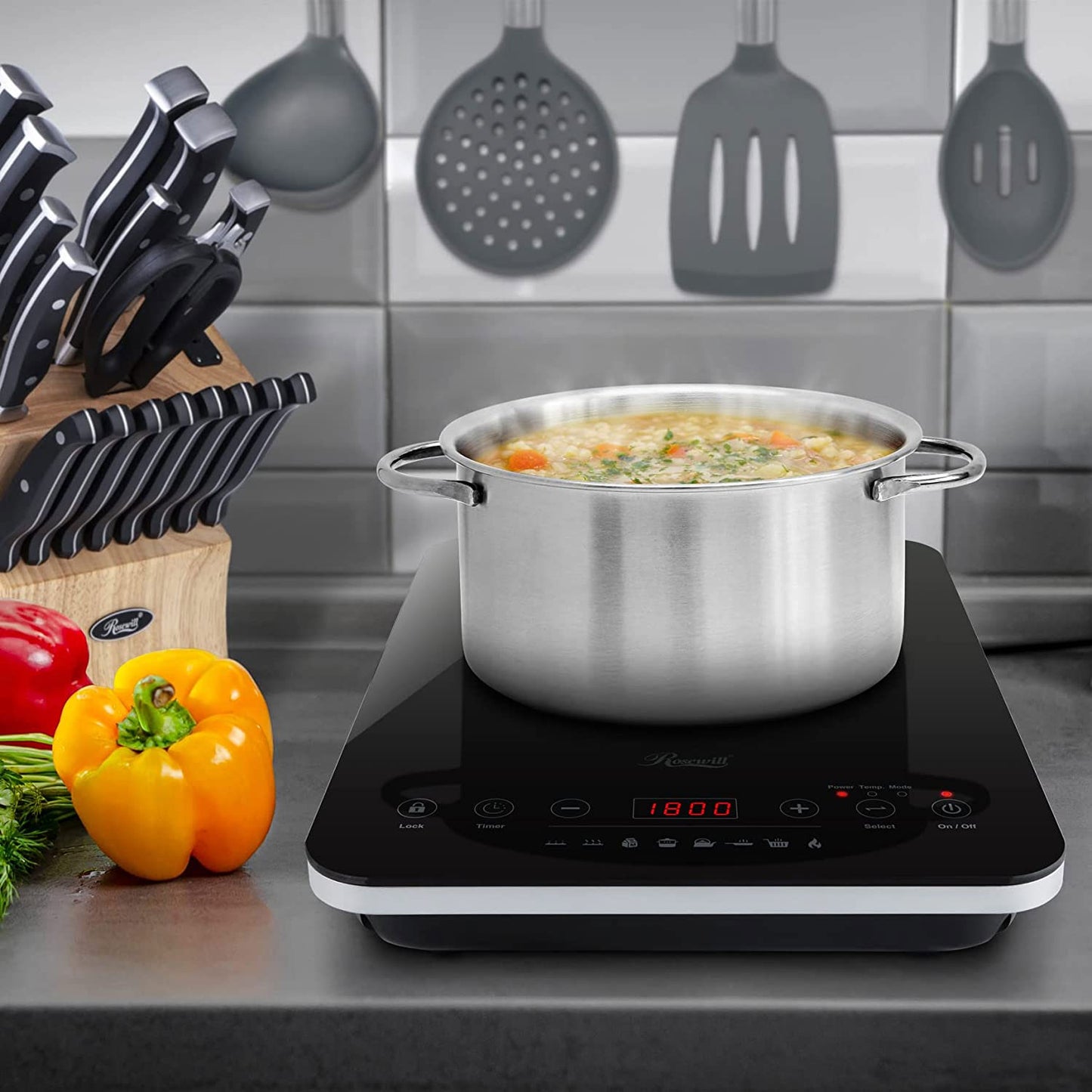 Rosewill Portable Induction Cooktop Burner, 1800W, 8 Cooking Modes, 10 Power/Temp Levels, Touch Panel, LED Display, Timer, Auto Shut-Off, Child Safety Lock, Includes Stainless Steel Pot - (RHAI-21001)
