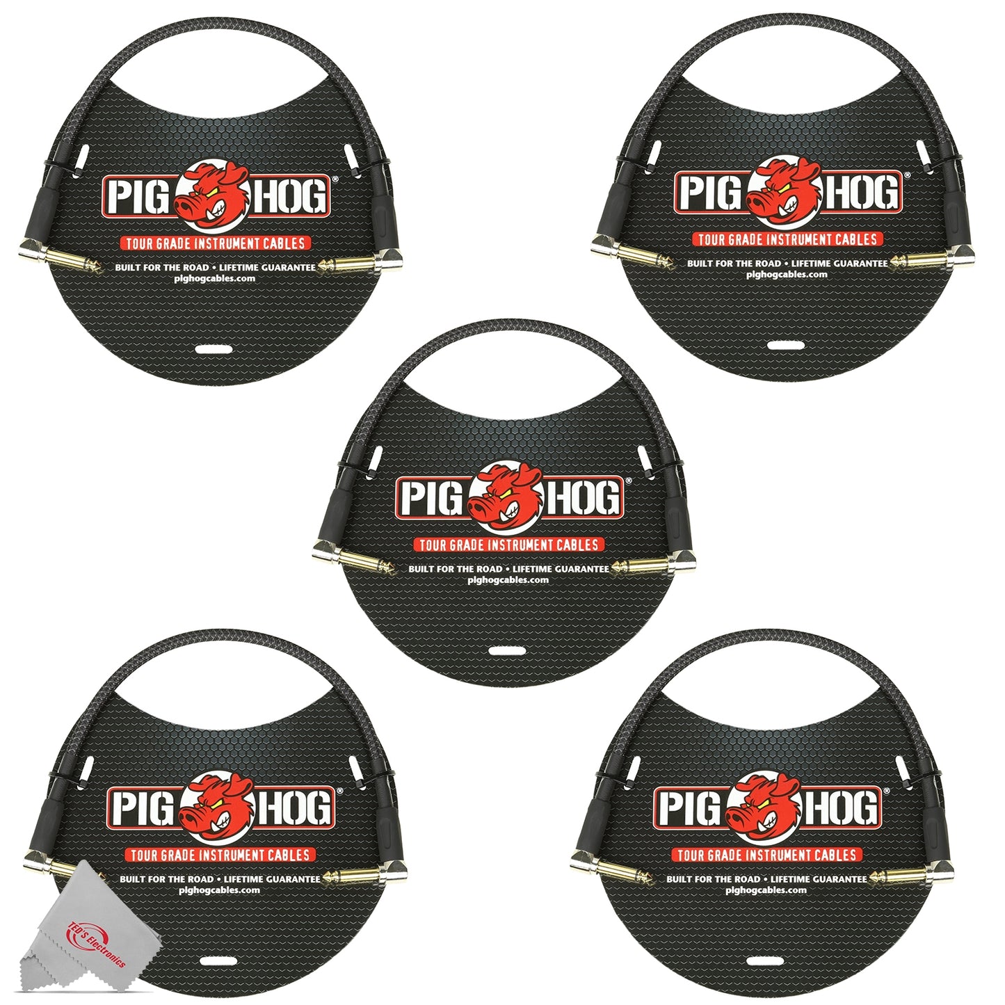 Pig Hog Black Woven Tour Grade Patch Cable 1/4" to 1/4" Right Angle 1ft , PCH1BKR - 5 Units