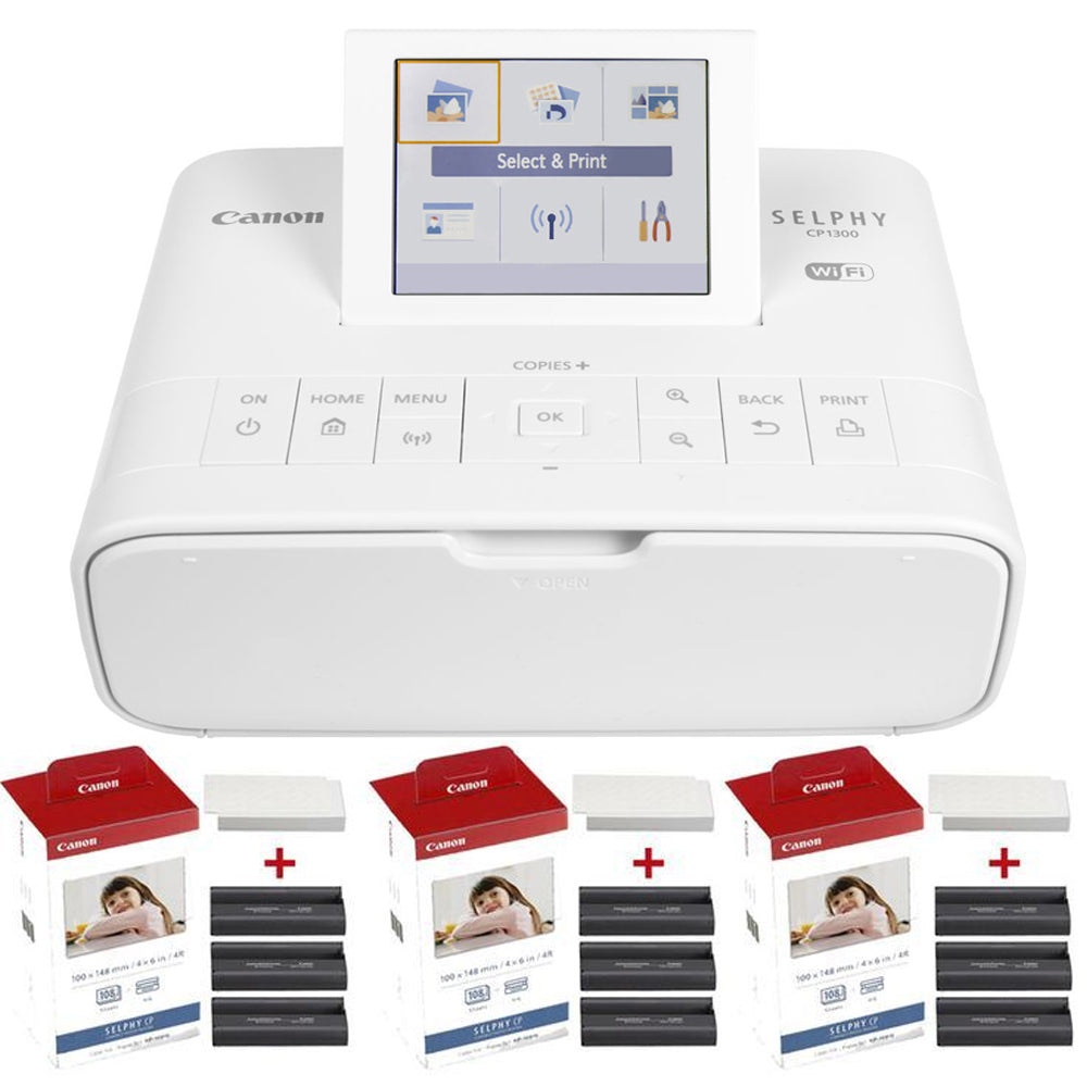 Canon Selphy CP1300 Compact Photo Printer White + Three Canon KP-108IN Selphy Color Ink 4x6 Paper Set