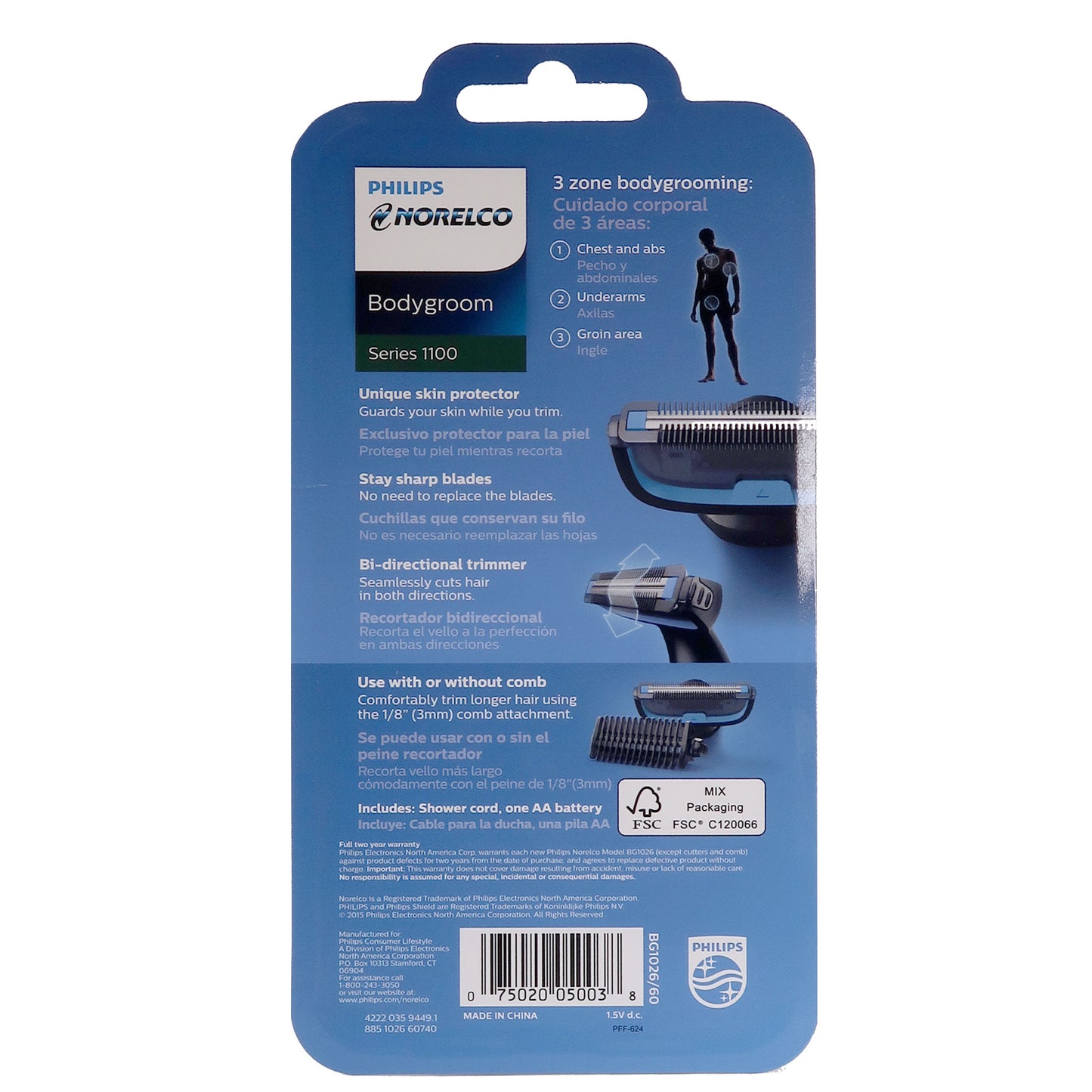 Philips Norelco Bodygroom Series 1100, BG1026/60, Showerproof Body Hair Trimmer and Groomer for Men