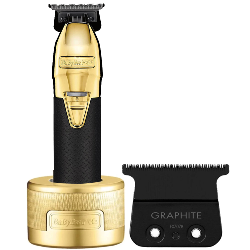 BaByliss PRO Gold FX Boost + Metal Trimmer FX787GBP with Charging Base + BaByliss PRO FX707B Graphite Fine Tooth Replacement T Blade