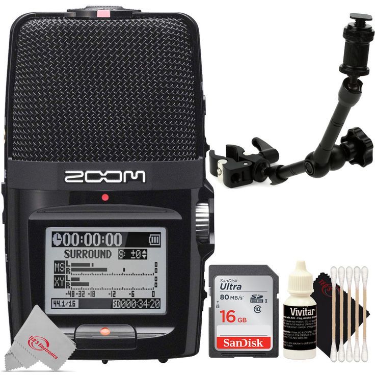 Zoom H2n ext 2-Input / 4 Track Handy Digital Audio Stereo Recorder With 5 Built-In Mic Array + ZOOM HRM-11 11 Inch Handy Recorder Mount + 16GB Memory Card + 3pc Cleaning Kit