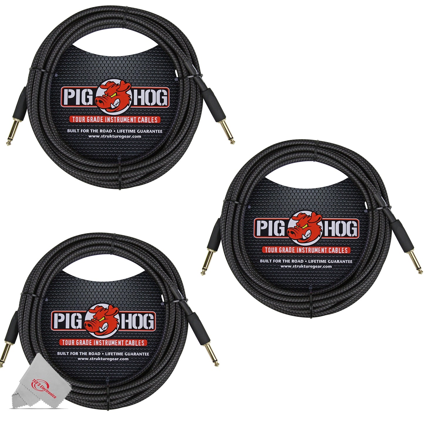 Pig Hog Black Woven Tour Grade Instrument Cable 1/4" to 1/4" Straight 20ft PCH20BK - 3 Units