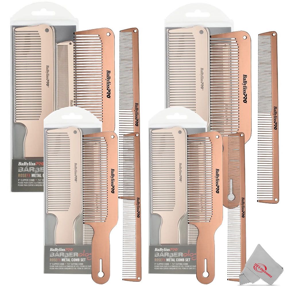 4 Pieces BaByliss Pro Barberology RoseFX Metal Comb Set 9" Clipper Comb and 7.5" Cutting Comb Rose Gold