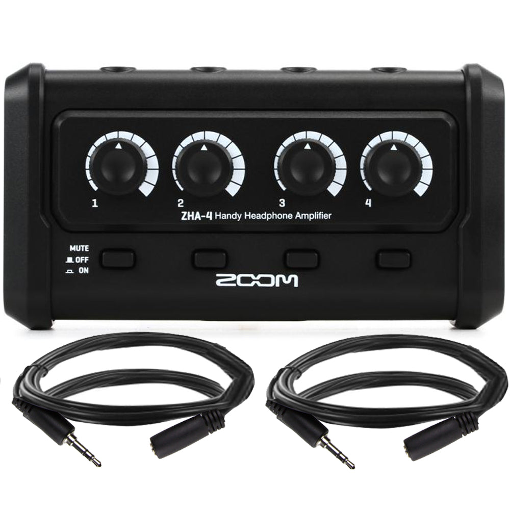 Zoom ZHA-4 4-Channel Headphone Amplifier + 2x 3.5mm TRSF to 35mm TRSM Headphone Extension 10ft Cable