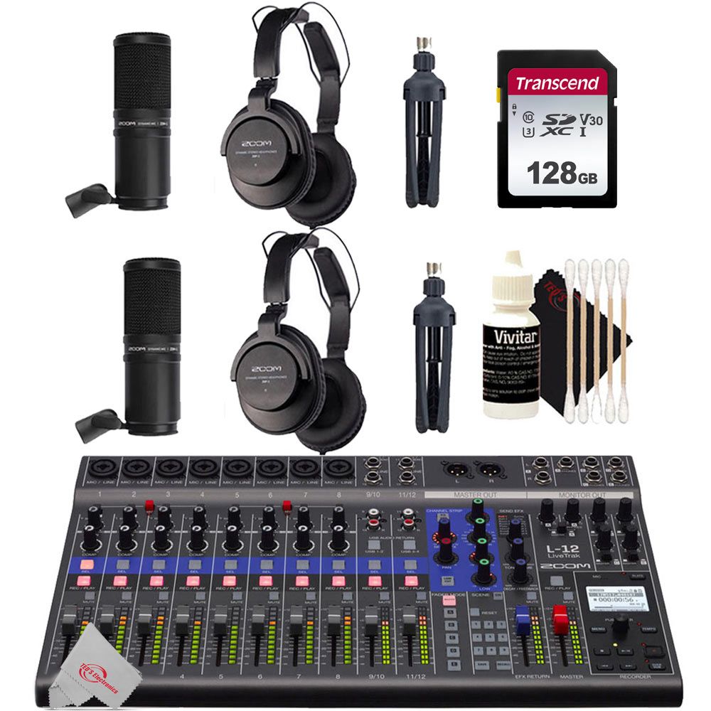 Zoom LiveTrak L-12 - 12-Channel Digital Mixer & Multitrack Recorder + Two Zoom ZDM-1 Podcast Mic Pack Accessory Bundle + 128GB Memory Card + 3pc Cleaning Kit