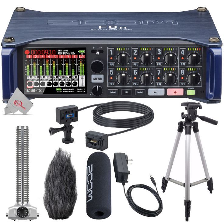 Zoom F8n 8-Input / 10-Track MultiTrack Field Recorder + Zoom SGH-6 Shotgun Microphone Capsule + ZOOM WSS-6 Windscreen + Zoom ECM-6 19.7' Extension Cable with Action Camera Mount + Tall Tripod