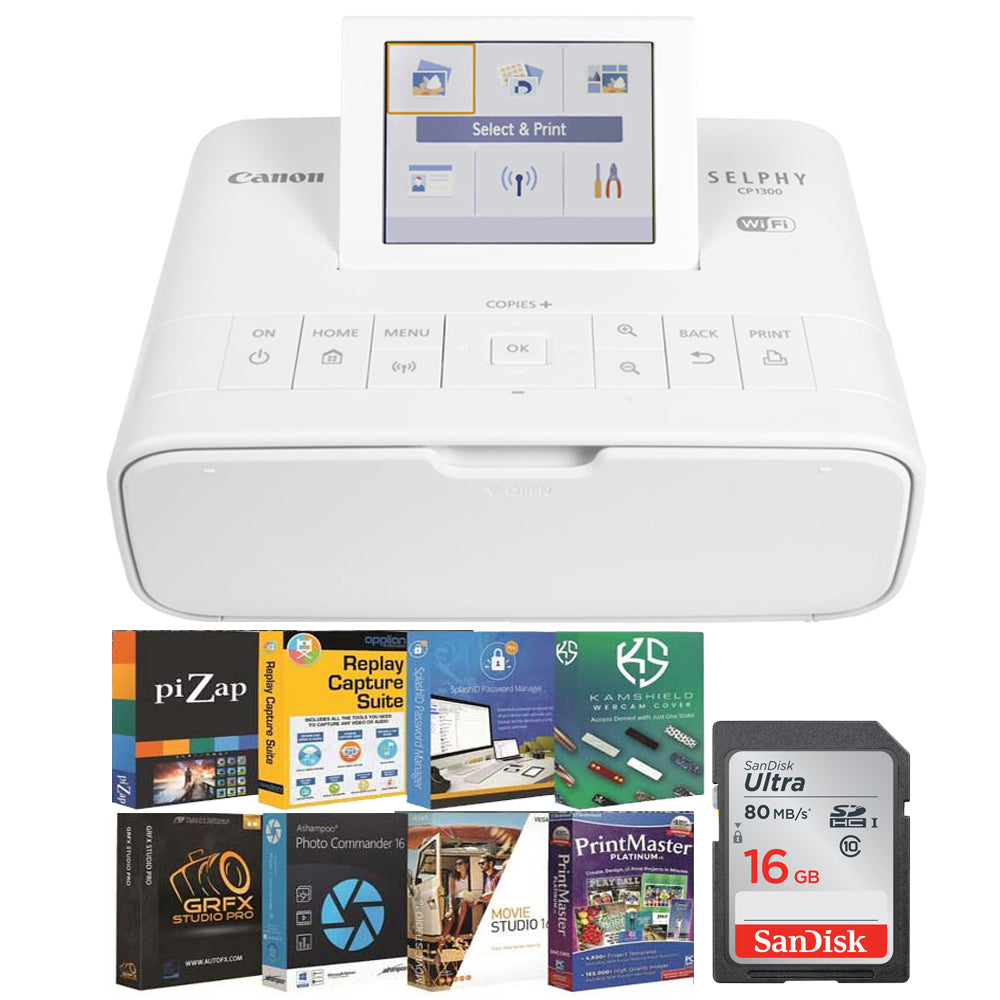 Canon Selphy CP1300 Compact Photo Printer White + 16GB Memory Card + Platinum Photo Suite 91885 Software Bundle