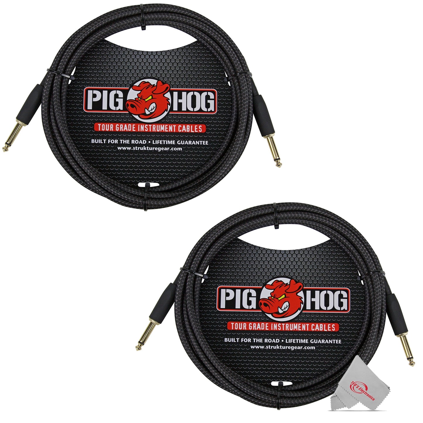 Pig Hog Black Woven Tour Grade Instrument Cable 1/4" to 1/4" Straight 10ft , PCH10BK - 2 Units